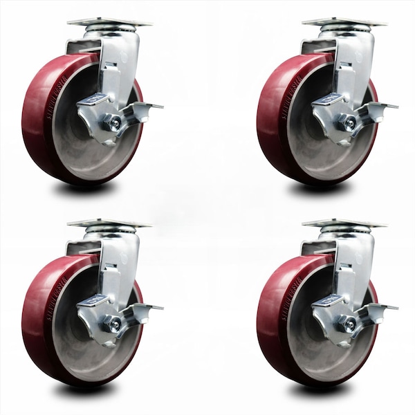 6 Inch Poly on Aluminum Swivel Caster Set with Ball Bearings and Brakes SCC